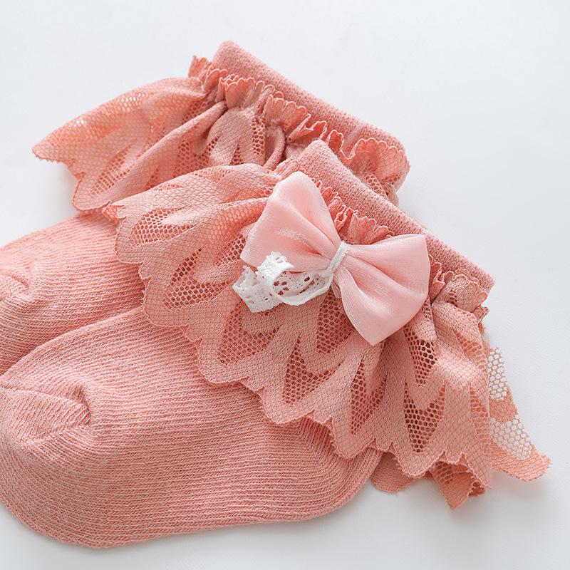 Princess Baby Lace Ruffle Socks Spring Summer Toddler Short Sock Solid Color Infants Girls Bow Socks 6-36M Kids Cotton Footwear