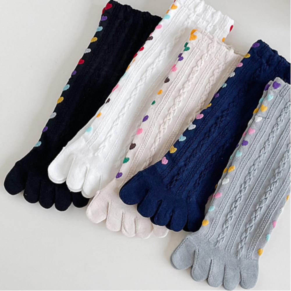 Хлопковые носки с пятью пальцами, вышитые сердцами, носки средней длины, повседневные, весна