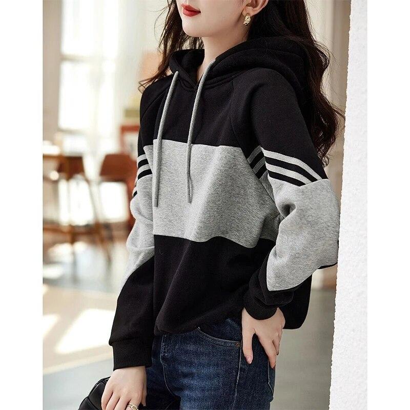 Autumn Winter Loose Casual Patchwork Hoodies Ladies Simple Fashion All-match Pullover Women Hooded Sweatshirt Female Clothes