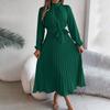 Women's Fashion Retro Solid Color Long Sleeve Waist Pleated Skirt Stand Collar Pullover Dress