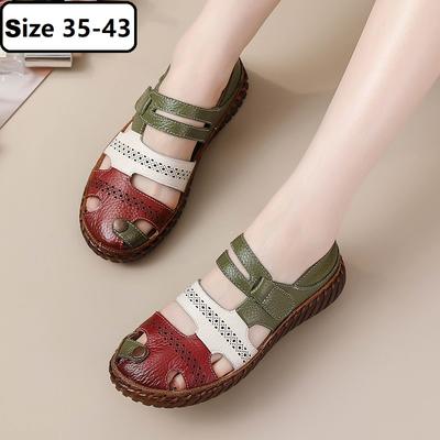 Модные новые сандалии из натуральной кожи с перфорацией, женские летние туфли на липучке, женские удобные сандалии на мягкой подошве, женские балетки, нескользящие туфли для мамы