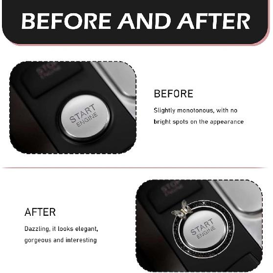 Bling Car Crystal Rhinestone Ring Emblem Sticker, Girly Butterfly Diamond Engine Start Button Cover, Push to Start Button, Key Ignition Starter &