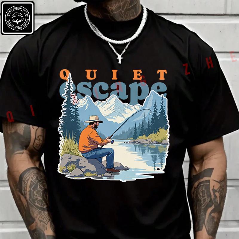 Men's And Women's T-shirt Summer Moto Cotton Tee A Man Sitting On The Rocks Fishing Fish Short-
