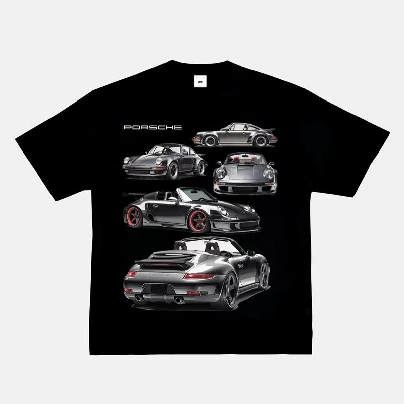 2024 RWB Car Black and White Short Sleeve JDM Car Culture T-shirt Hip Hop American Small Neckline Hiphop Top Vintage