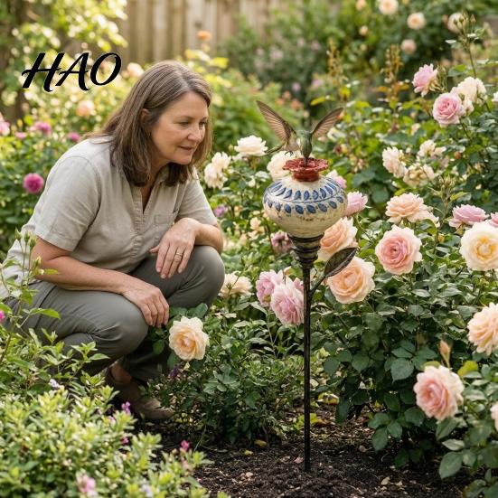 Colorful Flower Shaped Feeder Hummingbird Garden Stake, Vintage Ceramic Feeder, Feeding Port, Floral Bird Nectar for Outdoor Backyard Lawn Deck Decor