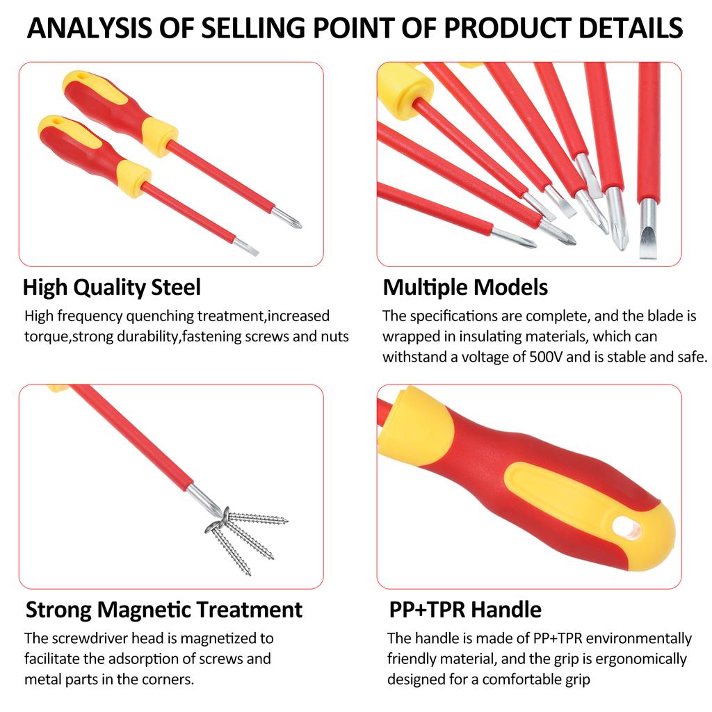 PENGGONG 9715 8PCS 500V Insulated Screwdriver Set, Magnetic Single-Head Insulated Screwdriver Set,