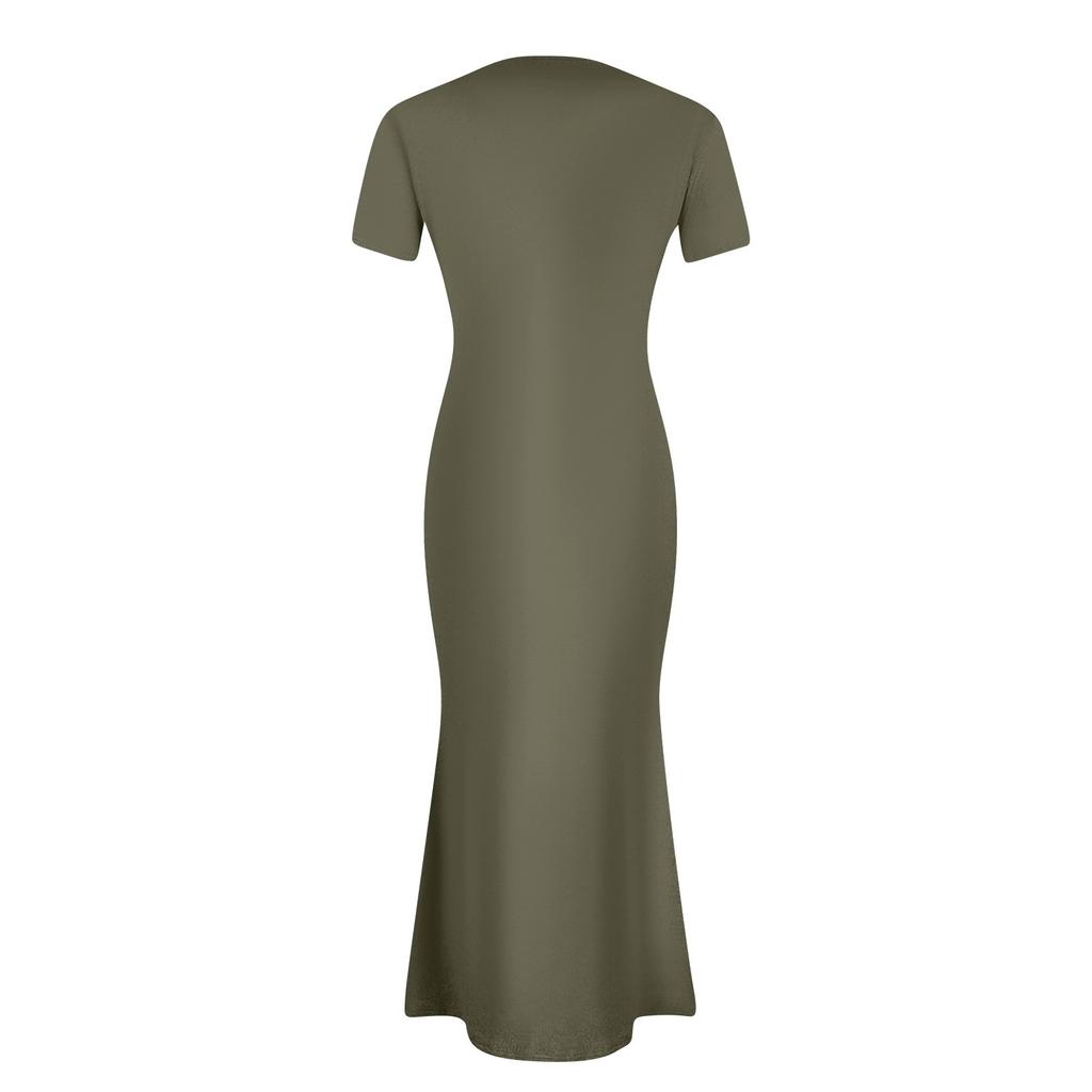 Женское модное и сексуальное однотонное длинное платье с круглым вырезом и короткими рукавами