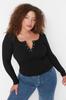 Women's Plus Size Blouse Black U-Neck Stud Detailed Knitted Crop Blouse