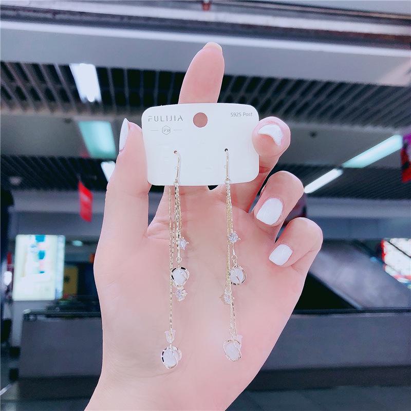 Fashion Cat's Eye Stone Tassel Ear Thread Super Fairy Long Earrings Korean Style Network Red Versatile Earrings Women's Trend