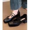 French Retro Cross-strap Horse Thick Heel Lizhen Shoes Women's 2025 New Square Head Light Mouth Bow Small Leather Shoes