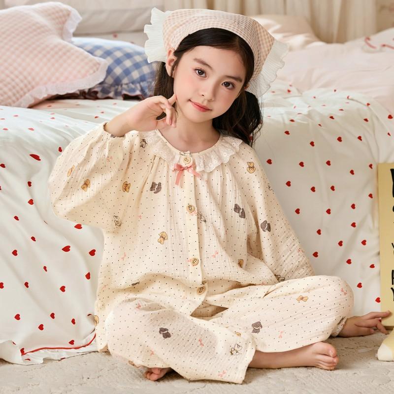 Girls Cotton Gauze Pajama Set Long Sleeve Cartoon Print Sleepwear Ages 8 Fall Comfortable Home Outfit