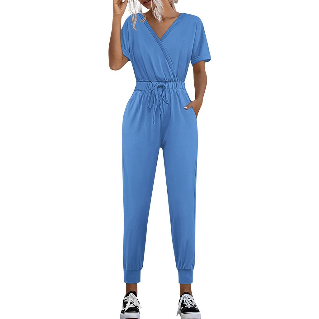 Women's Casual Short Sleeve V-Neck Intersection Jumpsuit