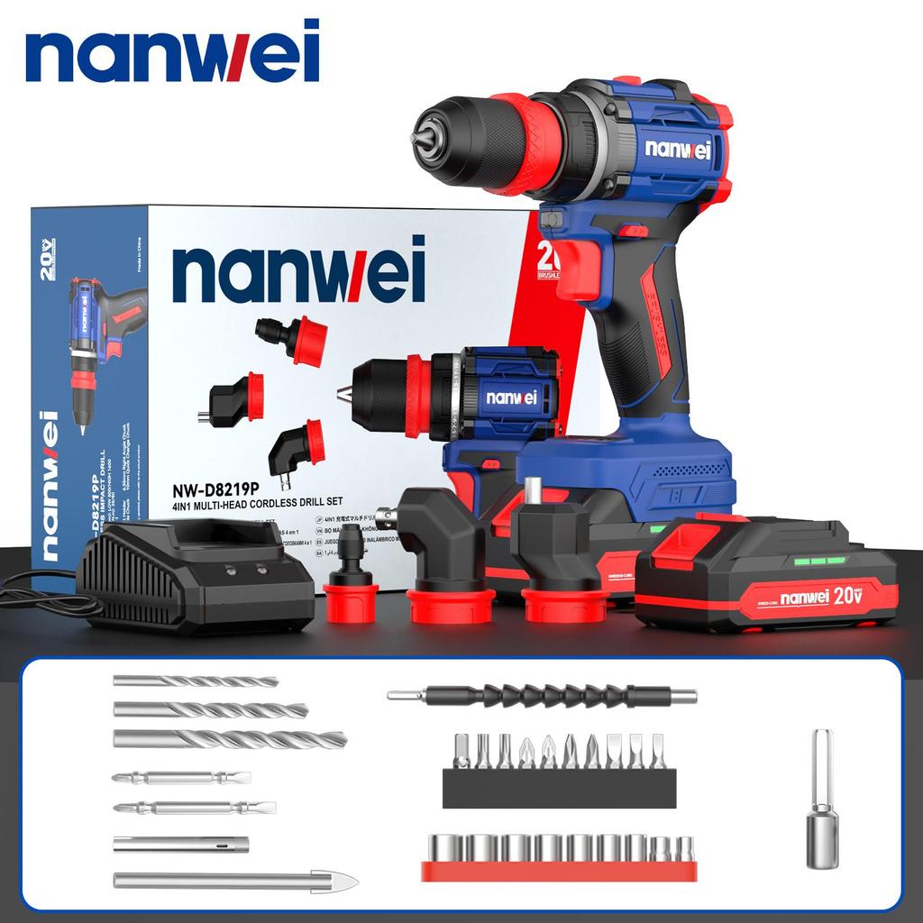 NANWEI Электрическая отвертка 4-в-1 50 Нм с несколькими головками, бесщеточным двигателем, 20 В
