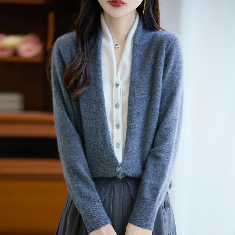 Women's French V-Neck Wool Cardigan - Faux Two-Piece, Long Sleeve, Color Block, Autumn/Winter Collection