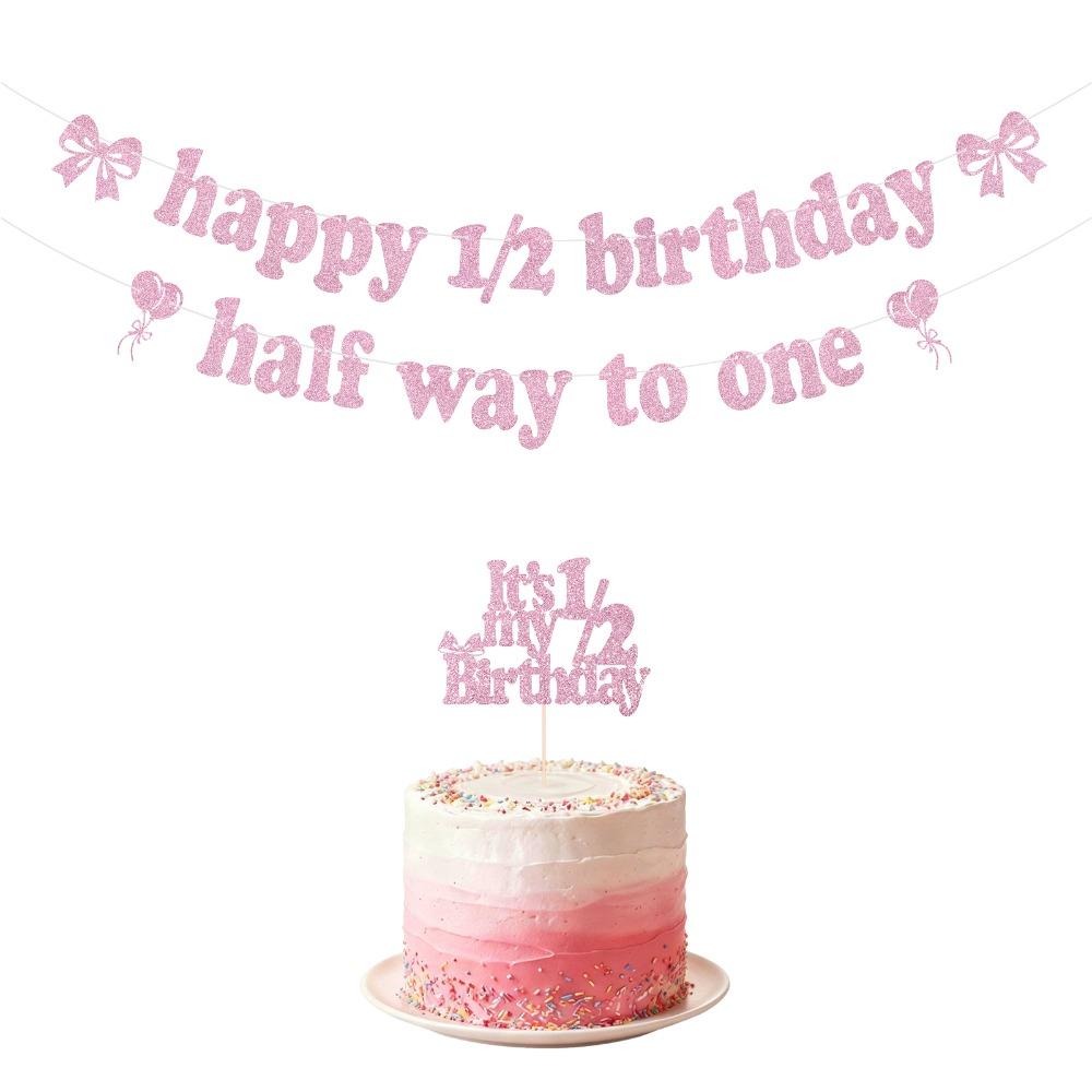 3pcs Pink 1/2 Birthday Cake Topper Giltter Paper Half Birthday Decorations  for Baby Birthday Party