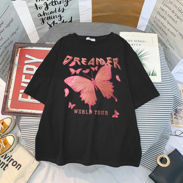 Harajuku Аниме Бабочка Женская футболка Свободная футболка большого размера Женская одежда Летний графический топ для футболки с героями мультфильмов Японская уличная одежда