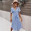 Women Summer Floral Midi Dress Short Dress Casual V Neck Button Down Belted Shirt Dress