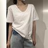 Женская белая футболка с V-образным вырезом, винтажная, однотонная, свободного кроя, из бамбукового вискозного волокна, с короткими рукавами, тонкий топ, летняя базовая повседневная блузка