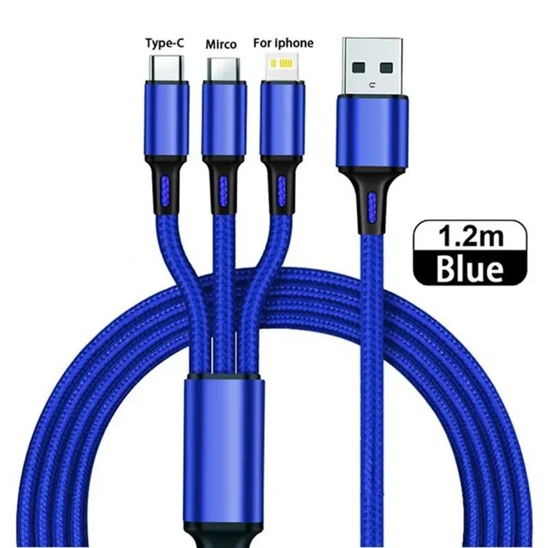 1-4Pcs 3 In 1 USB Charger Fast Charging Cable Type C Micro IOS Multi Charger Cable for iPhone Huawei Samsung Nylon Braided Cord