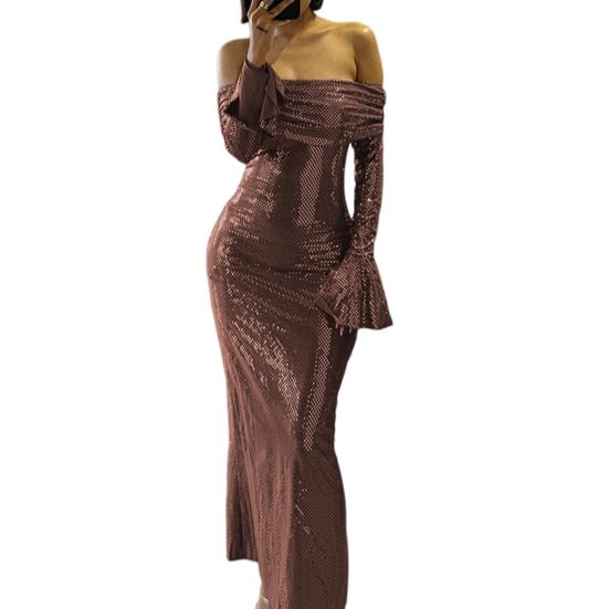 Женское вечернее платье с вырезом лодочкой, открытыми плечами, длинными рукавами, сверкающими пайетками, бронзовым отливом, без бретелек, облегающее платье для выпускного вечера, коктейльное платье макси