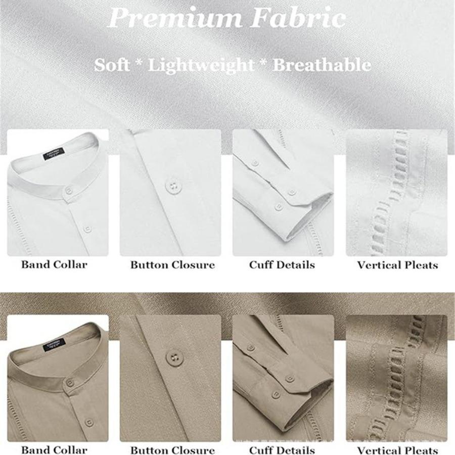 Cotton Linen Shirt Stand Up Collar Men's Shirt Casual Buttons Summer Beach Vacation Tops Grey Black White Khaki Shirts