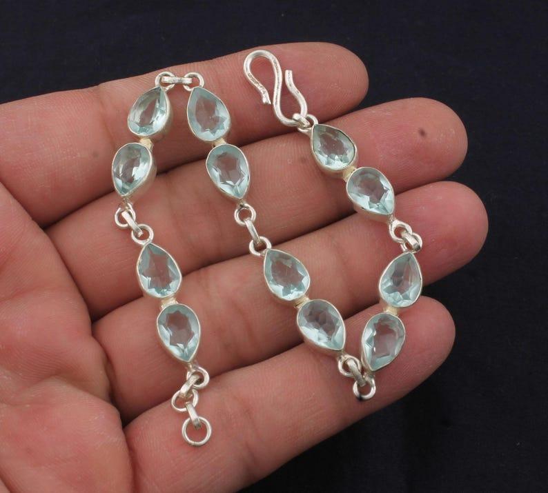 Solid 925 Sterling Silver Blue Topaz gemstone Birthstone Bracelet Charm Jewelry Tennis Bracelet Gift For Her