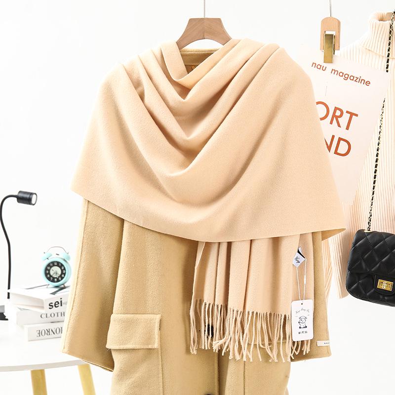 Women's Warm Wool-Feel Faux Cashmere Scarf - Thick, Plain Color Shawl for Autumn/Winter