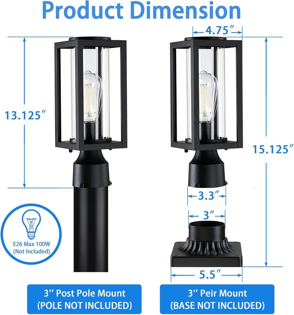 13' Outdoor Post Lights, 2-Pack Modern Black Lanterns with Tempered Glass, Anti-Rust for Driveway Patio Garden