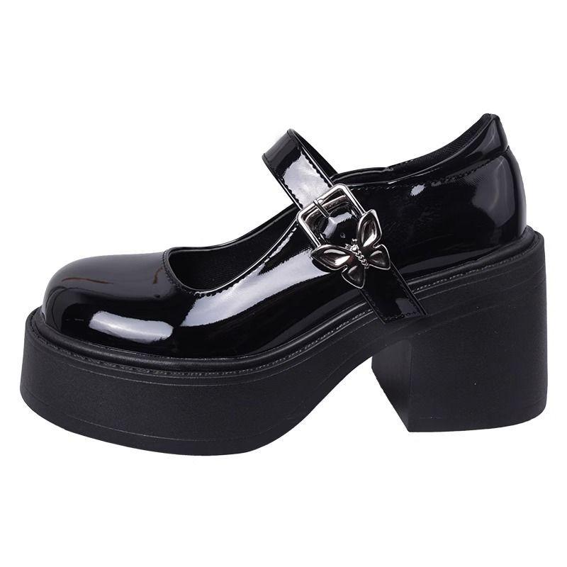 Черные туфли на толстом каблуке и платформе из кожи, женские весенние туфли Мэри Джейн с французским эффектом, короткие туфли на высоком каблуке