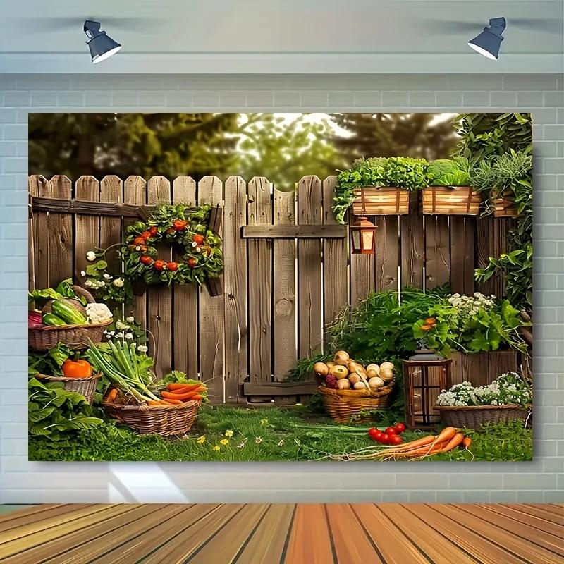 1pc Polyester Backyard Garden Backdrop, Matte Finish Photography Background with Vegetable Basket Print