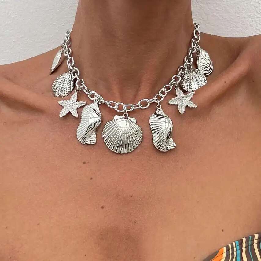 SHIXIN Boho Metal Starfish Scallop Conch Pendant Necklace For Women Ocean Style Choker Summer Beach Party Jewelry Collar on Neck