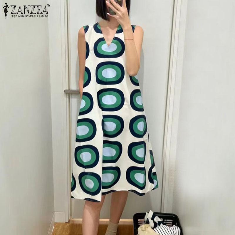 ZANZEA Женское повседневное летнее платье с V-образным вырезом без рукавов с принтом