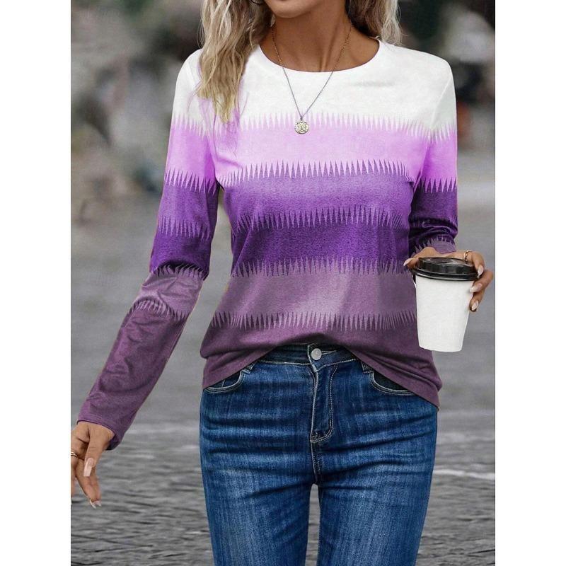 Футболки женские с длинными рукавами на осень, модные повседневные топы с принтом в градиентную полоску, для ежедневной носки, свободного кроя, с круглым вырезом