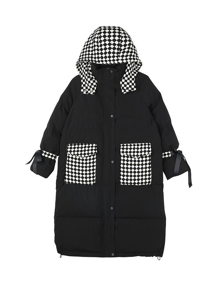 Хлопковый костюм в шахматную клетку на пуху средней длины, черный, свободное зимнее тонкое утолщенное пальто