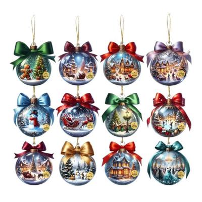 2D Рождественский шар Подвесные украшения Деревянный шар Украшение для рождественской елки со снежной сценой для зимнего праздника Домашний декор для помещений и улицы