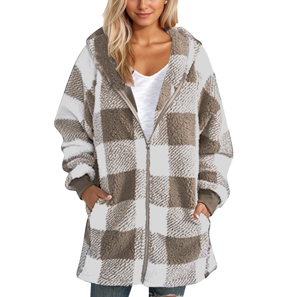 Women's Casual Plush Long Sleeve Plaid Hooded Zipper With Pocket Loose Coat