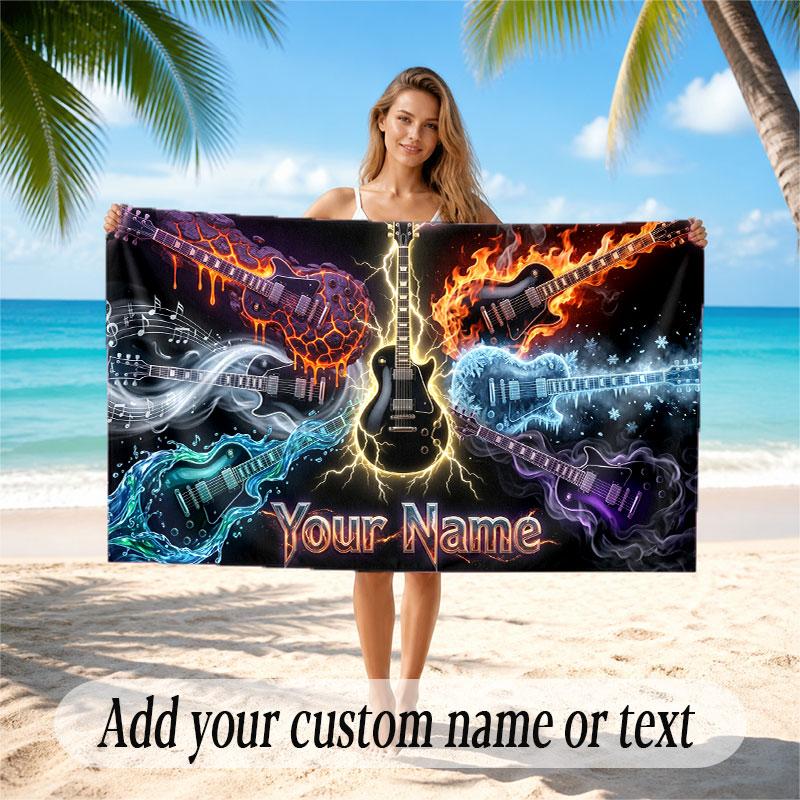 Music Guitar Theme Beach Towel Personalized Custom Name & Text Soft Quick Dry Beach Towel for Swimming Travel