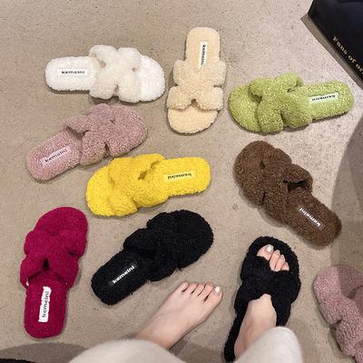 Пушистые тапочки на плоской подошве для женской уличной обуви 2025 новый осенне-зимний толстоподошвенный домашний мягкий пушистый хлопок
