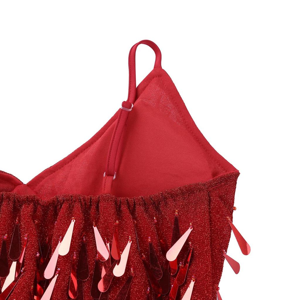 Women Sleeveless Sparkling Sequins Fringe Ballroom Samba Tango Latin Dance Dress Stage Performance Costumes