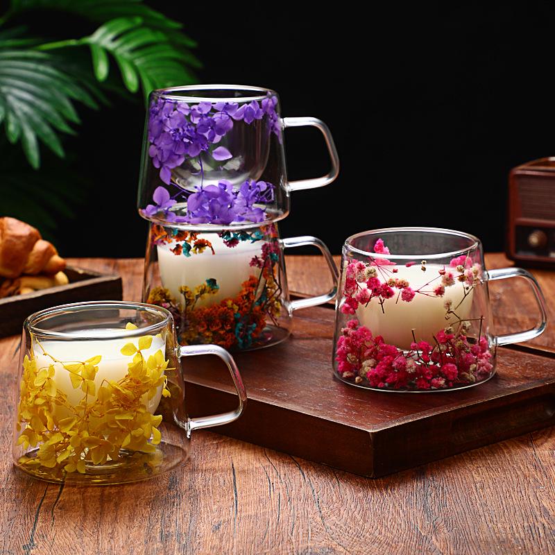 High Appearance Double Layer Petal Quicksand Glass Cup with Real Dried Flowers
