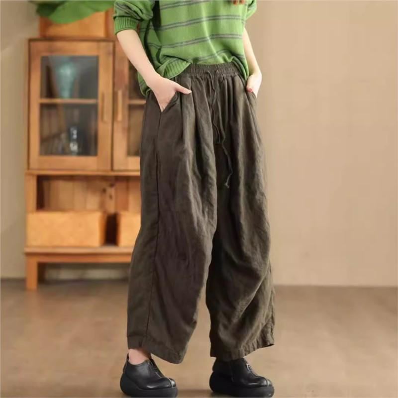 Johnature Женские осенние модные винтажные однотонные широкие брюки в китайском стиле с эластичной резинкой на талии