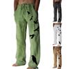Мужские свободные повседневные однотонные хлопковые льняные брюки с эластичным галстуком и принтом, прямые брюки