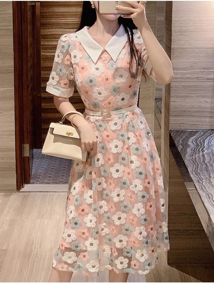 Новое модное розовое платье 2024, летнее платье с вышивкой и милыми цветочными пайетками для женщин, элегантное модное сетчатое платье длиной до колена