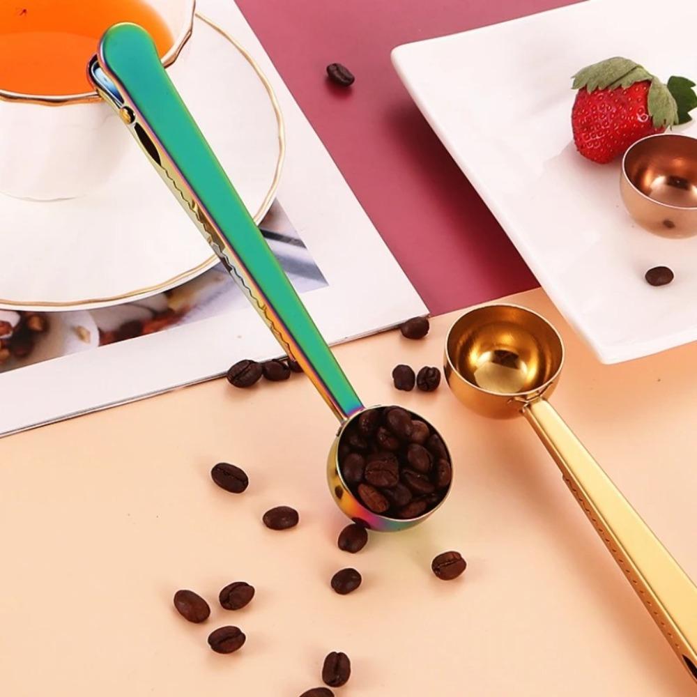 Ложка для кофе из нержавеющей стали 2 в 1, ложка для кофейных зерен, прочная клипса для запечатывания пакетов, инструменты для выпечки