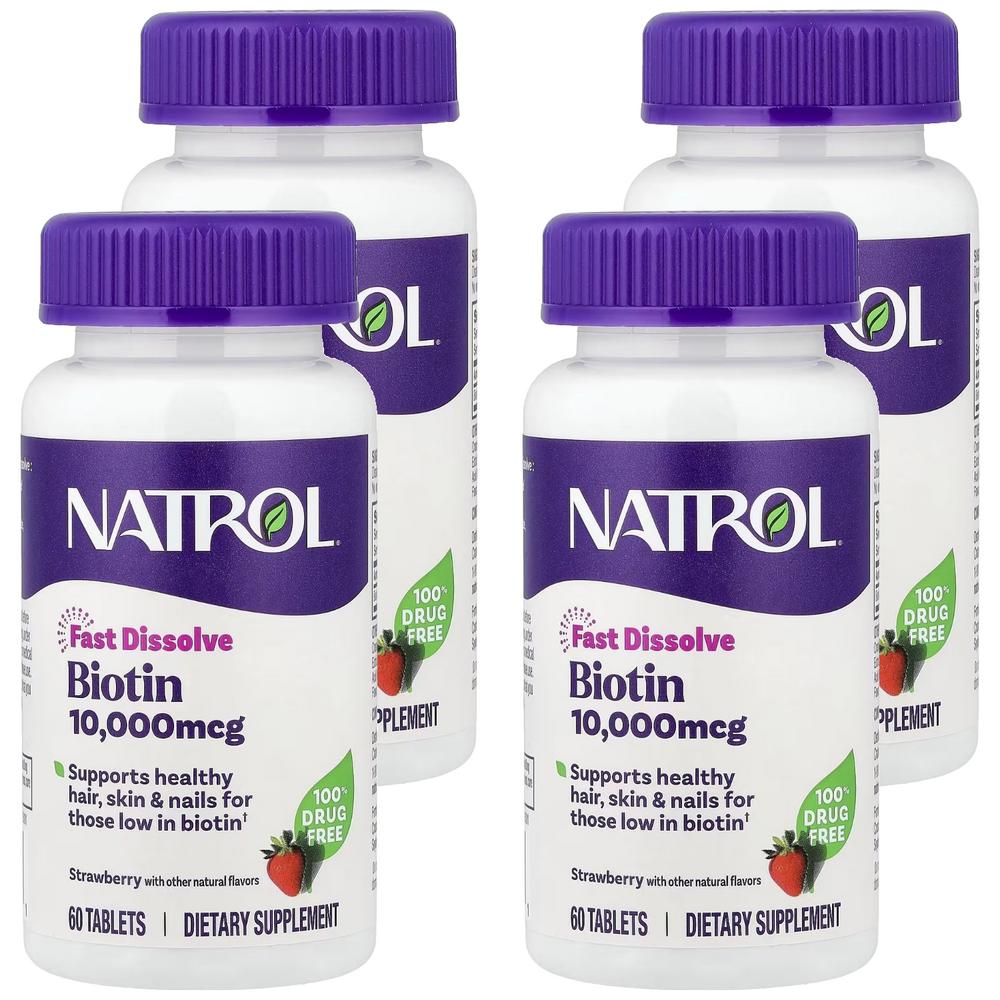 Natrol Биотин 10 000 мкг Клубничные Таблетки 60 Таблеток 4 шт.