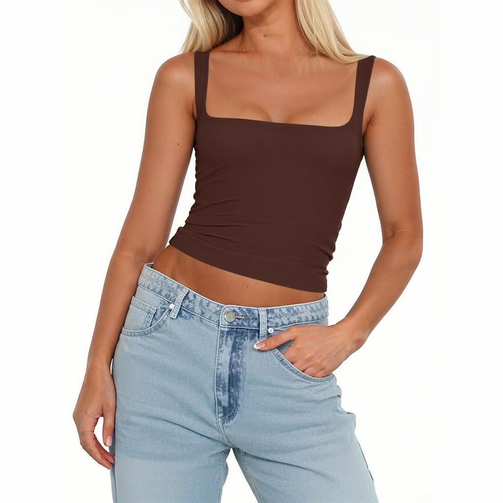 Женская мода без рукавов квадратный вырез сексуальный тонкий жилет однотонный пуловер топ