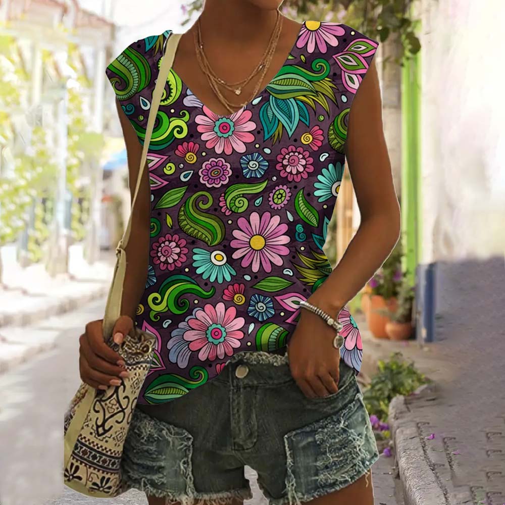 Летние винтажные цветочные 3D-принты для женщин, уличные майки, свободный жилет с V-образным вырезом, без рукавов, с открытыми плечами, женская майка