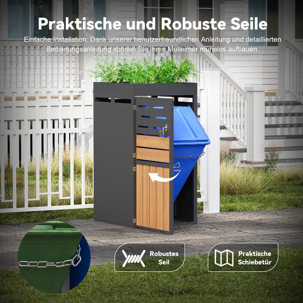 Outdoor Cabinet, Planter Box, Louvered Ventilation, Steel Frame, Lockable Doors, Security Chain, Storage & Garden Decoration, Without Trash Can