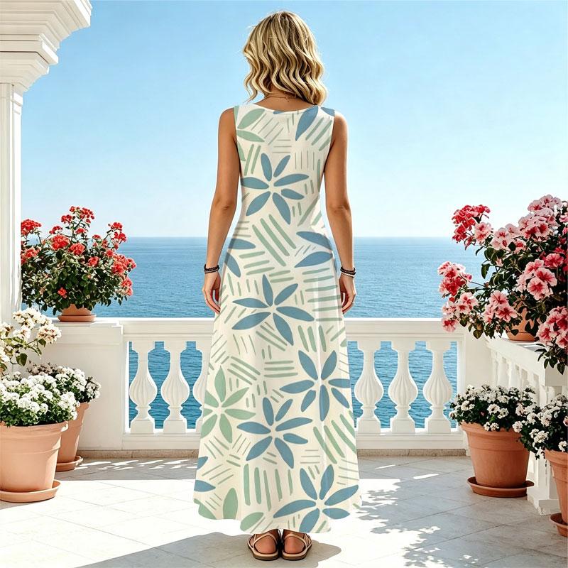 Women's Sleeveless Maxi Dress,Lightweight Flowy Fabric Fresh Style,Elegant for Seaside Beach Vacation,Spring & Fall Layering Wear