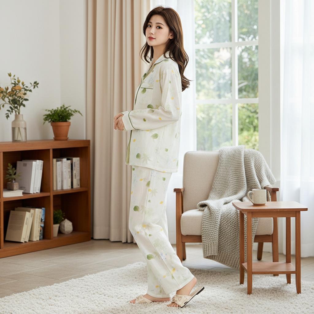 New Japanese simple pure cotton double-layer gauze women's pajamas spring and autumn summer thin long-sleeved loungewear